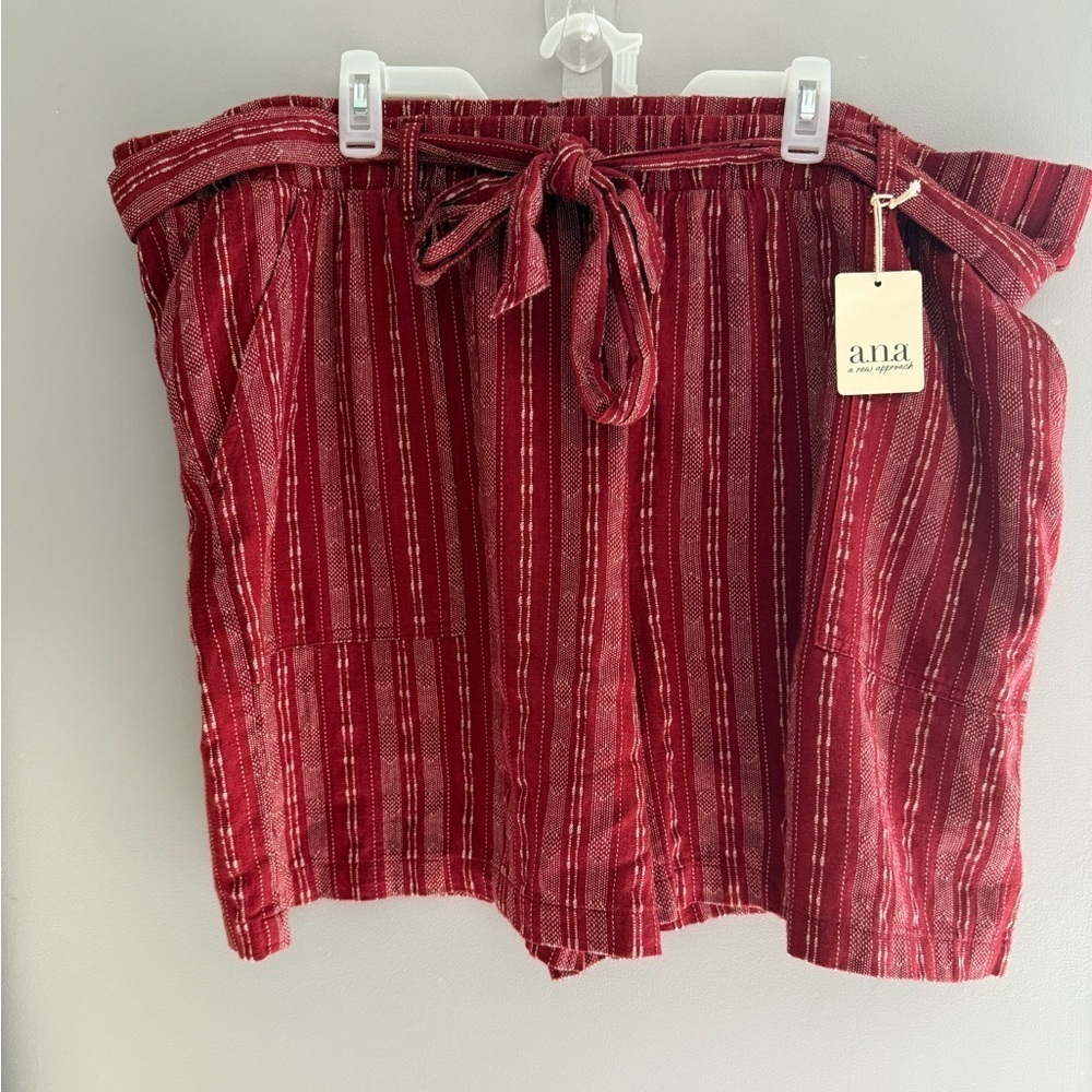 a.n.a Womens Red Striped Linen Blend Shorts SZ 3X New Pockets Elastic Belt Plus